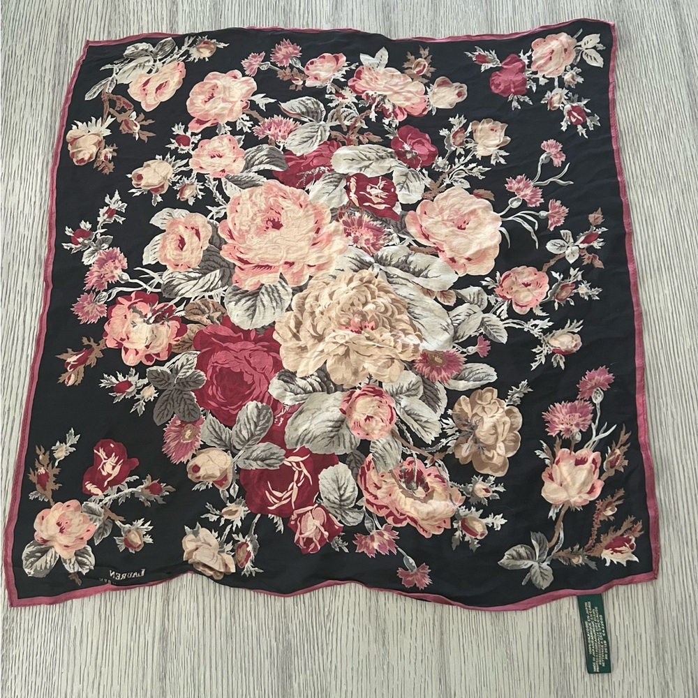 Ralph Lauren Black Floral Silk Scarf with Pink, Cream and Red Roses - Picture 9 of 10